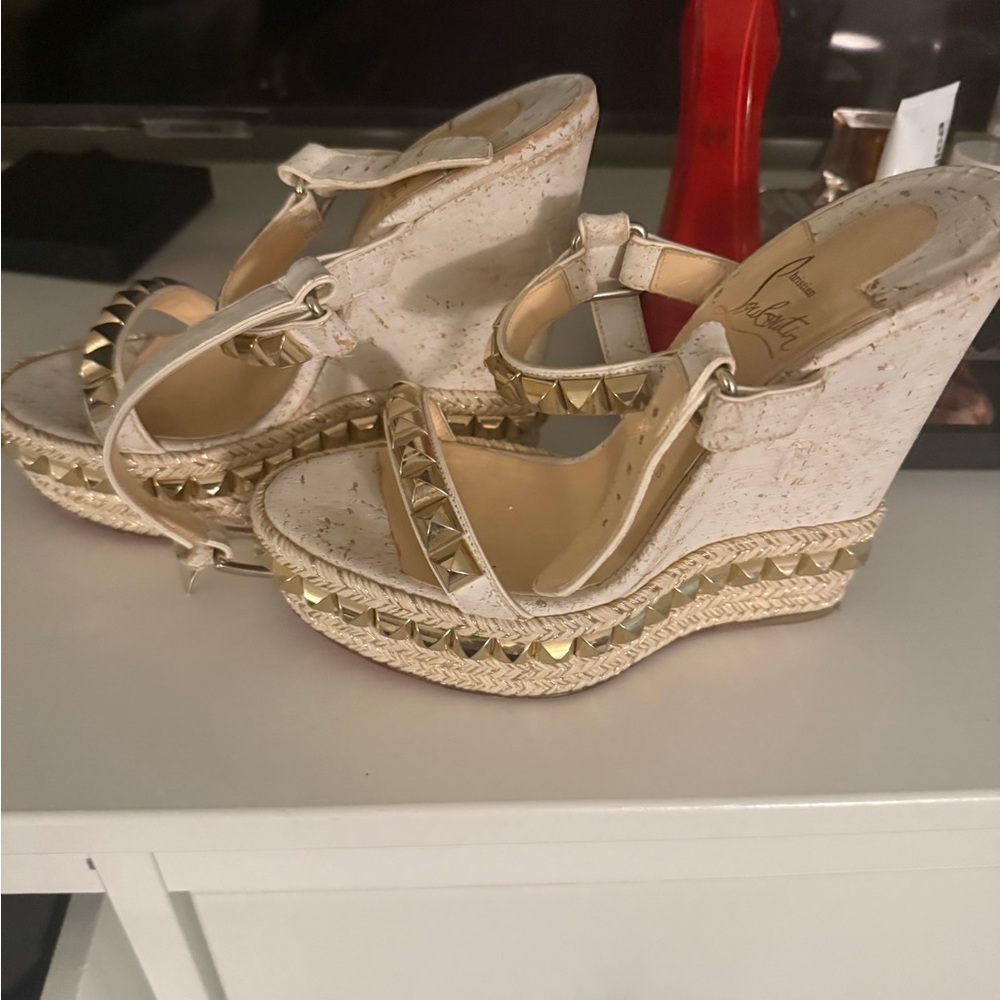 Christian Louboutin Cream and Gold Wedge Sandals